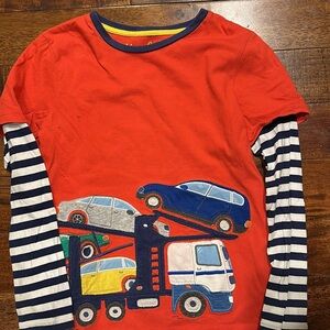 Mini Boden Red Car Transporter Shirt with Striped Sleeves